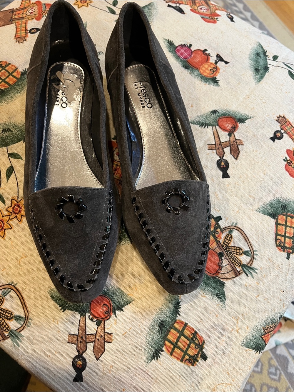 Women's Gray Suede Pointed Loafers with Decorative Accent
